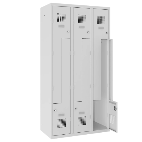 Skříň Sul 33 W je kovový šatník s dveřmi tvaru Z šířky 900 mm. Vnitřní vybavení zahrnuje tyč se dvěma háčky pro zavěšení oblečení a jmenovku.